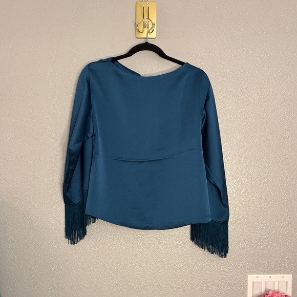 Trina Turk Teal Blouse with Fringe Sleeves - Picture 6 of 6